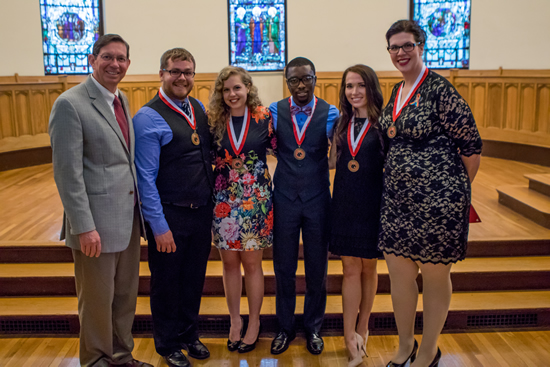 (From left) Alex McSwain, Nicole Reckner, Kofi Ansah, Sabrina Cox and Molly Little were awarded the President's Distinguished Service Award by Miami University President David Hodge.