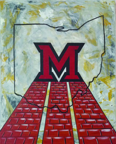 Image of custom painting with the outline of the state of Ohio and the block M and three red brick roads
