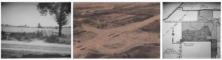 Photo 1: The gate to the Simpson Farm (circa 1910) that was one of the properties considered as a possible site for the new campus Photo 2: Construction of the I-75 interchange (1960) – several of the properties, including the Simpson Farm, was in this vicinity, part of which included the site of the Towne Mall Photo 3: A map of Armco Park (1922) which was suggested by the committee as a possible location for either a two-year or a four-year campus.