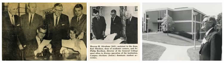Photo 1: Thesken and others registering first students for MUM. Standing L to R: Logan Johnson, C. Eugene Bennett, Earl Thesken, James Walters (dir of admission). Seated: students Robert Cordray and Judy Cook Sisson. Photo 2: Thesken and colleagues reviewing plans for joint Miami/Ohio State Dayton Campus. Photo 3: Thesken and the Miami Middletown Science & Technology building that was named in his honor.