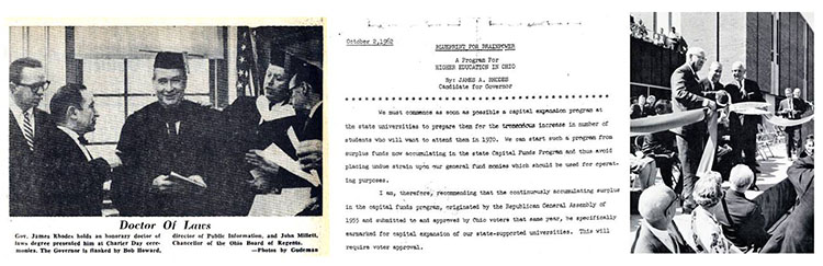 Left: Gov. James A. Rhodes was pictured in the Miami Student when he visited the Oxford campus to receive an honorary degree in 1965. Rhodes, who had less than a year of college himself, was the driving force in the expansion of Ohio’s higher-education system during his first two terms in office. Middle: The “Blueprint for Brainpower” issued by James A. Rhodes during his election campaign in 1962 called for an aggressive program of expansion for the state’s higher education system, including the creation of branch campuses. Right: Ohio Governor James Rhodes joins City and Miami officials in turning the first shovelfuls of dirt.