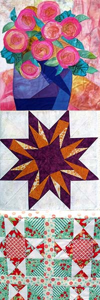 Top image: quilted flowers, middle image: marcia's star bottom image: quilt