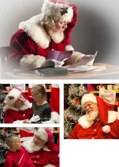 4 Images of Santa. Top Image: Santa reading letters. Bottom Top Left Image: A girl sitting on Santas lap. Bottom Left Image: A boy sitting on Santas lap. Bottom Right: Santa Smiling