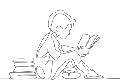 Cartoon of a child reading a book.