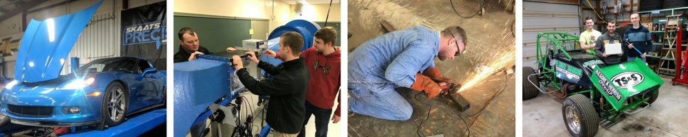 First picture is a blue corvette. Second picture is of 3 men working on a wind turbine. Third picture is of a man welding. Forth picture is of 3 men with the go-cart they have created. 