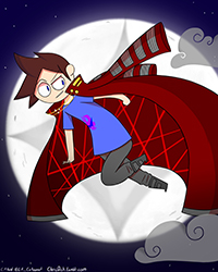 Cartoon of a boy with a cape on flying. 