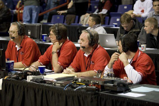 Steve Baker and three men announcing a game.