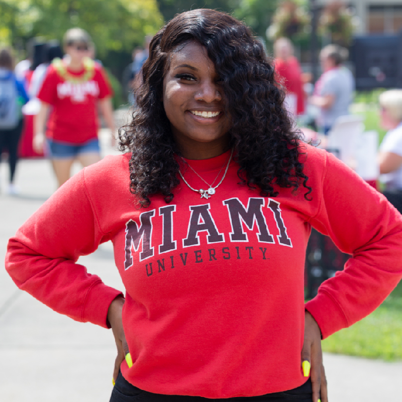 student wearing miami university sweatshirt