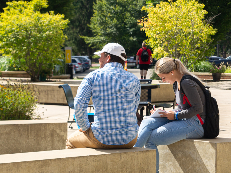 Dos estudiantes relajándose en el campus de espaldas a la cámara