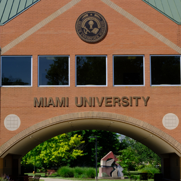 The Miami University name atop the entrance arch to Miami University Regionals Hamilton campus