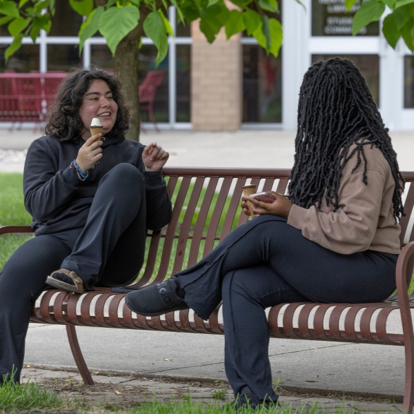 Students talking and eating ice cream on a bench.