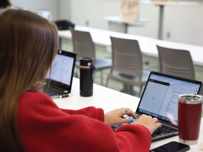 Student sitting at a table typing on her laptop