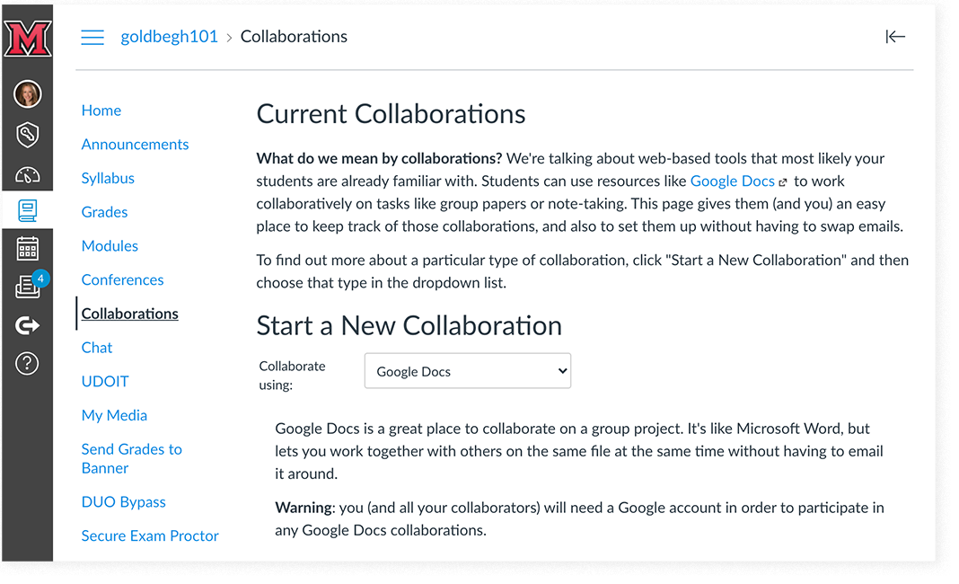 The "Collaborations" page in Canvas