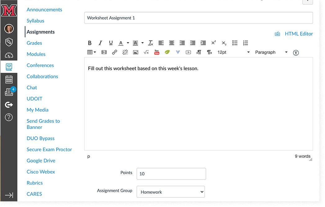 An Assignment's details page, with a name, description, point value field, and Assignment Group dropdown