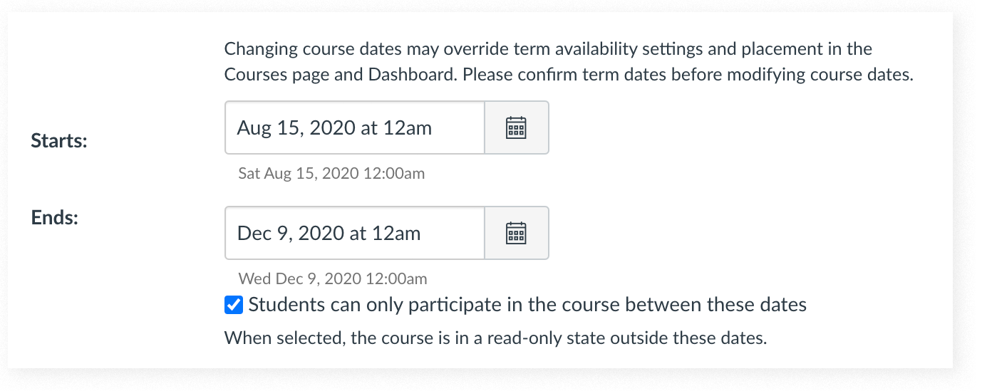 Course start and end dates in Canvas settings