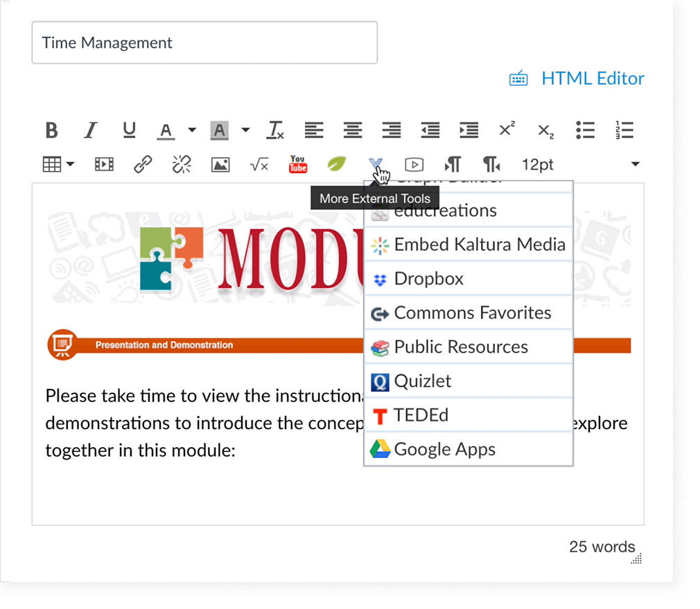The "More External Tools" menu in Canvas's Rich Content Editor