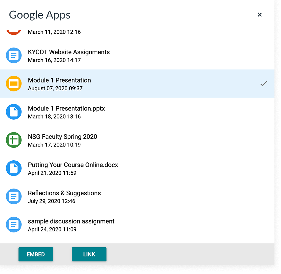 The Google Apps window in Canvas, with files to select from