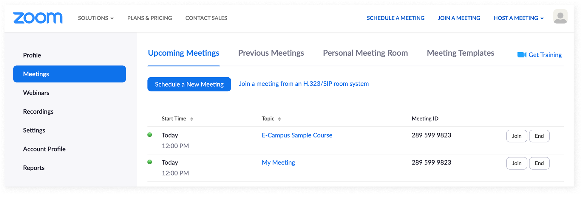 The Meetings page on the Zoom website
