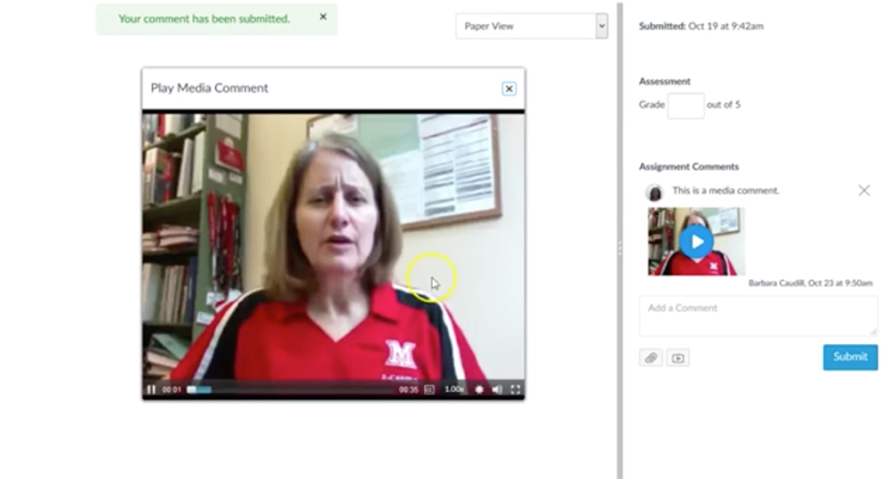 An instructor recording video feedback within Canvas's rich content editor tool