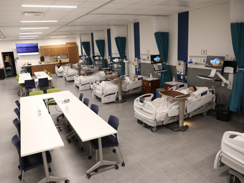 Inside the nursing innovation hub with simulation beds. 