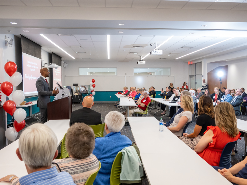 Vice President and Dean Ande Durojaiye speaking during the Nursing open house.  