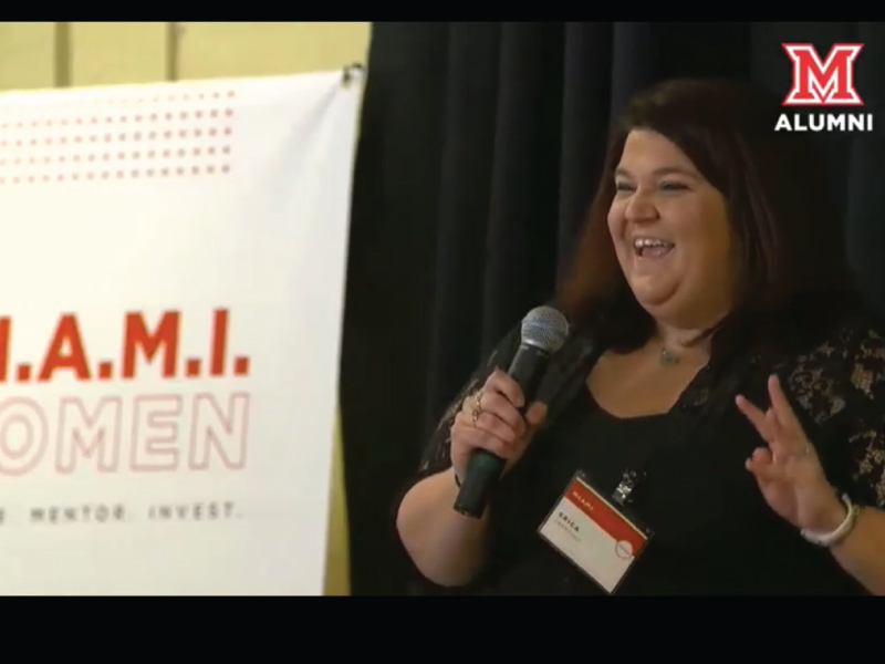 Erica Crawford, Miami Regionals E-Campus microcredential program manager, pitches Mental Health First Aid at Miami WOMEN’s Giving Circle’s Hawk Tank April 28, 2022.