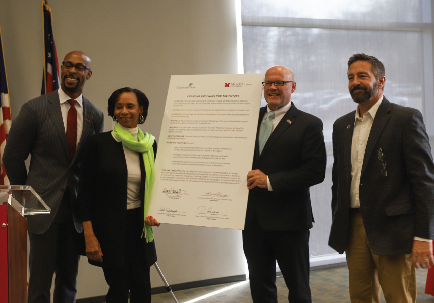 Ande Durojaiye, vice president and dean of Miami’s Regionals campuses, Cincinnati State President Monica Posey, Miami President Gregory P. Crawford, and Robbin Hoopes Provost of Cincinnati State  