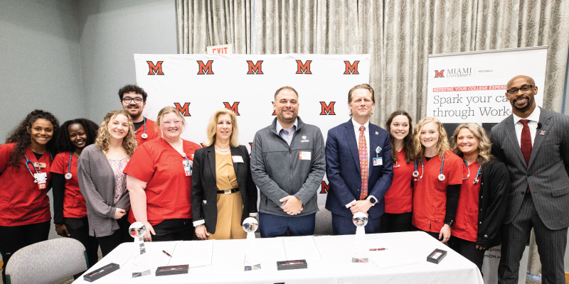 Miami Regionals nursing students with Kim Hensley, COO/CNO of Atrium Medical Center; Erik Balster, health commissioner for the Butler County General Health District; and Paul Hoover, president of Kettering Health Hamilton.
