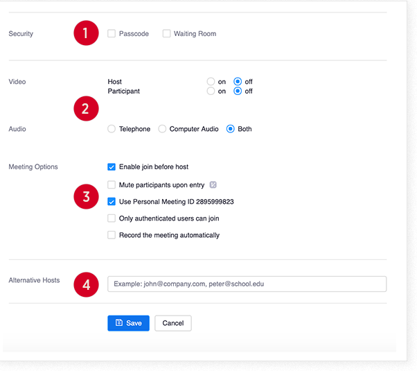 Zoom meeting details page in Canvas with labeled options