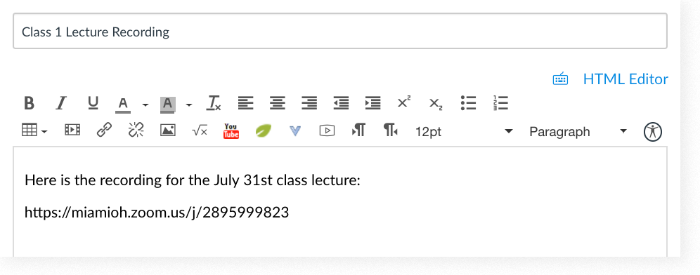Canvas Announcement with a Zoom link