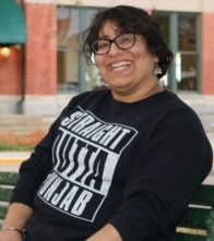 Simran Kaur wearing a t-shirt that says Straight Outta Punjab