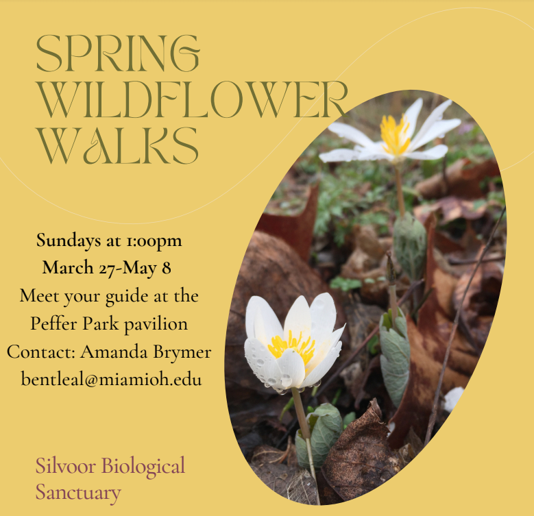 Spring Wildflower Walks. Sundays at 1 p.m. March 27 - May 8. Meet your guide at the Peffer Park Pavilion. Contact: Amanda Brymer, bentleal@miamioh.edu