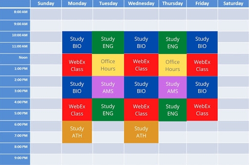 A seven day schedule with color coded blocks for each hour indicating class, office hours, study times, and other commitments.
