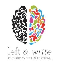 Logo for Left and Write, Oxford Writing Festival. Two halves of a brain in icon format with the left side in black and white and the right side in vibrant colors. 