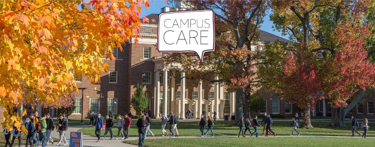  Campus Care logo with Farmer School of Business on a fall day