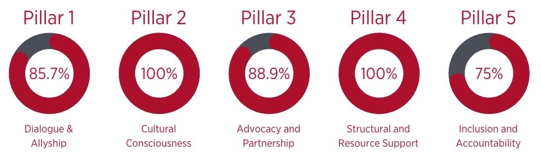 Pillar 1: Dialogue and Allyship 85.7% complete; Pillar 2: Cultural Consciousness 100% complete; Pillar 3: Advocacy and Partnership 88.9% complete; Pillar 4: Structural and Resource Support 100% complete; Pillar 5: Inclusion and Accountability 75% complete