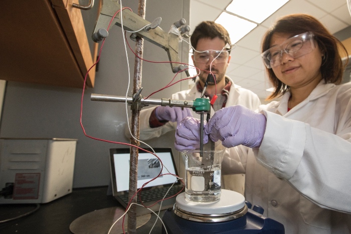 A student works closely with the research faculty member in the lab
