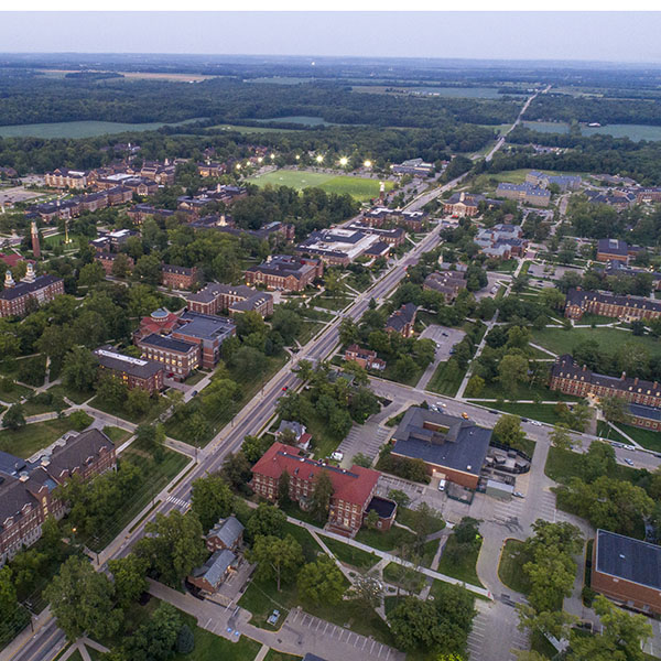 An aerial view of the Oxford campus seen from a plane