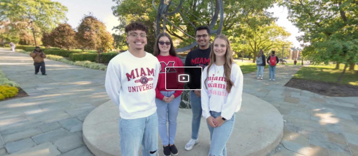 Screenshot of four students standing in front of the Miami sundial within the virtual tour experience