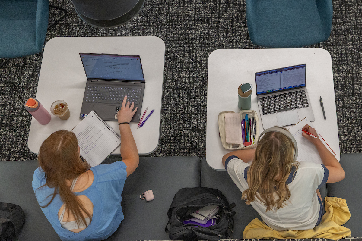 Two students work on laptops at desks.