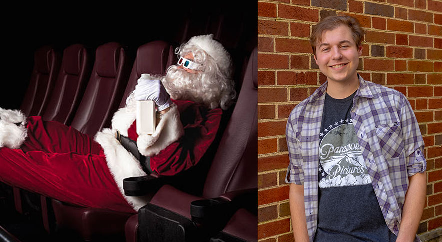 Santa watching a film with his feet up on a seat while eating popcorn with Ryan on the right
